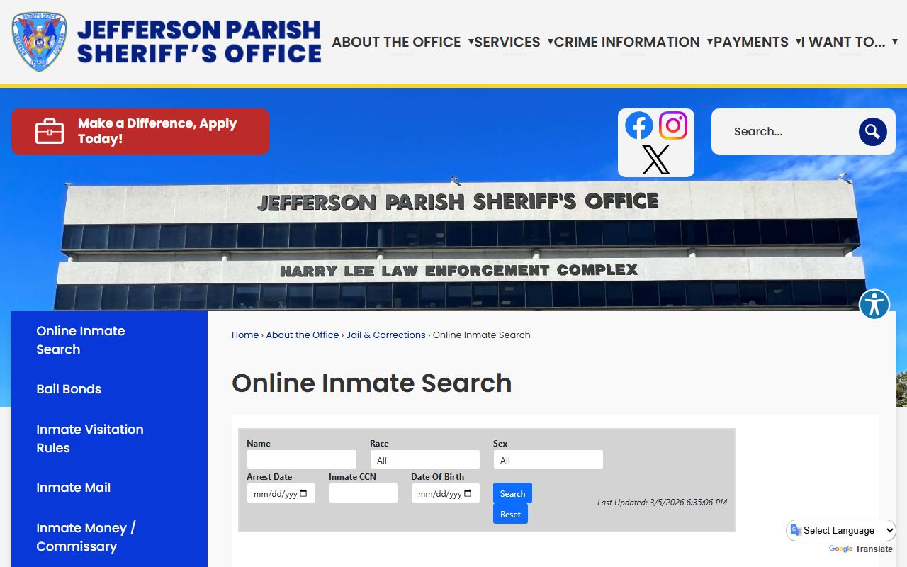 Jefferson Parish Sheriff online inmate search Terrytown 24 hour booking