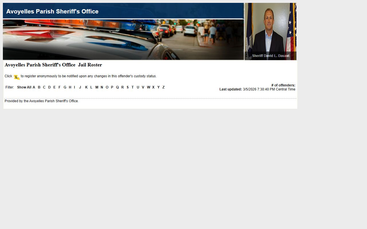 Avoyelles Parish LAVNS jail roster showing 24 hour booking records