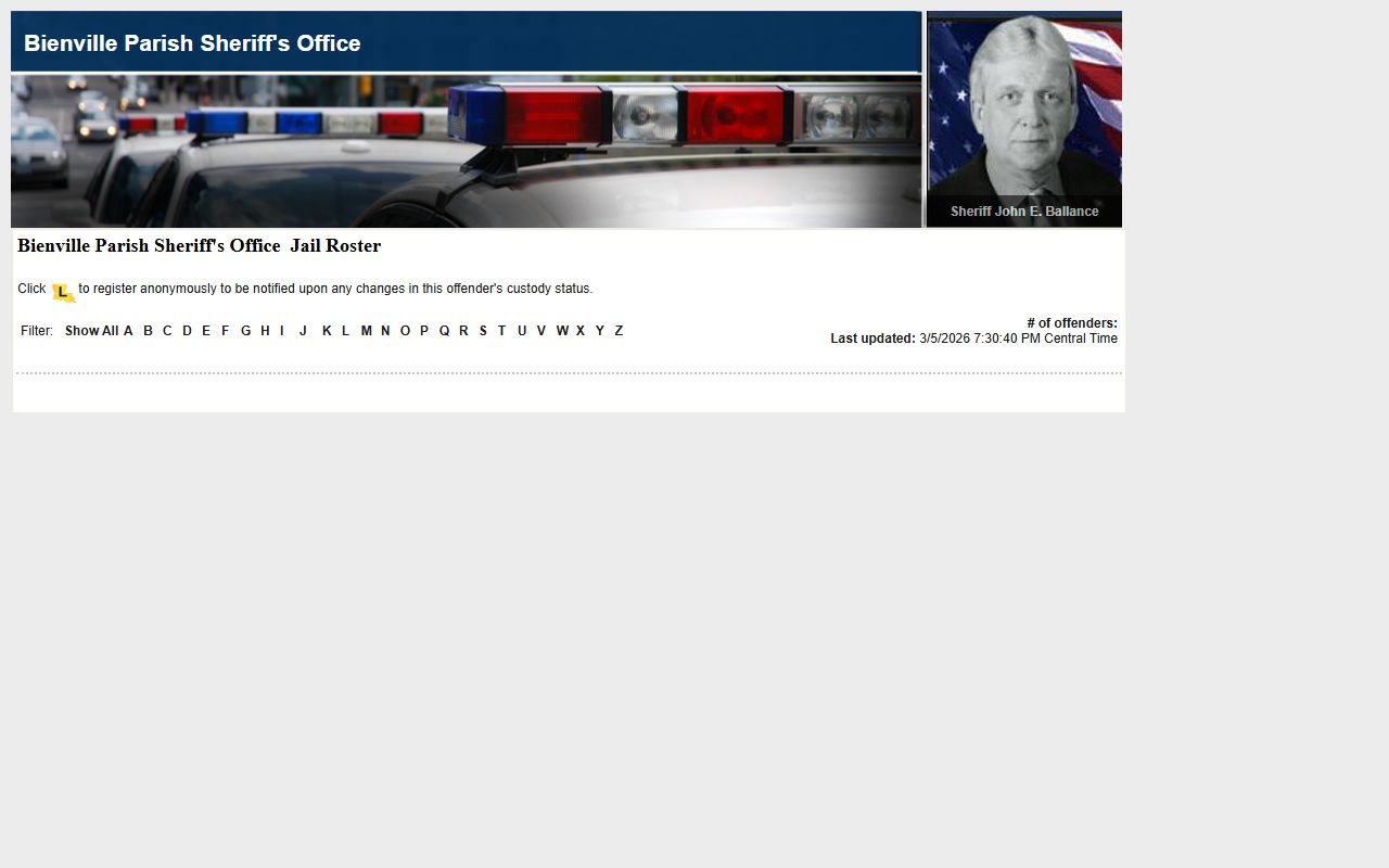 Bienville Parish LAVNS jail roster showing current inmates and booking data