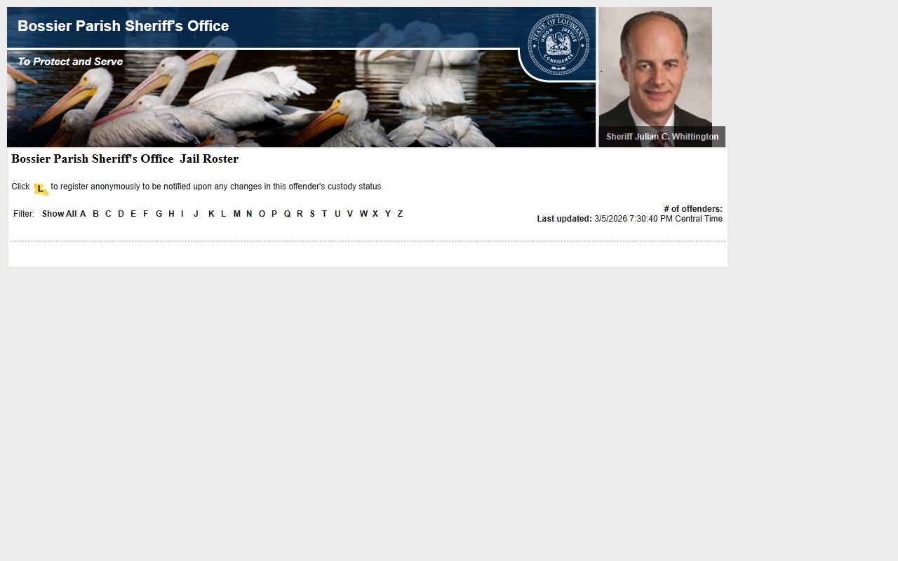 Bossier Parish LAVNS jail roster showing current inmate bookings