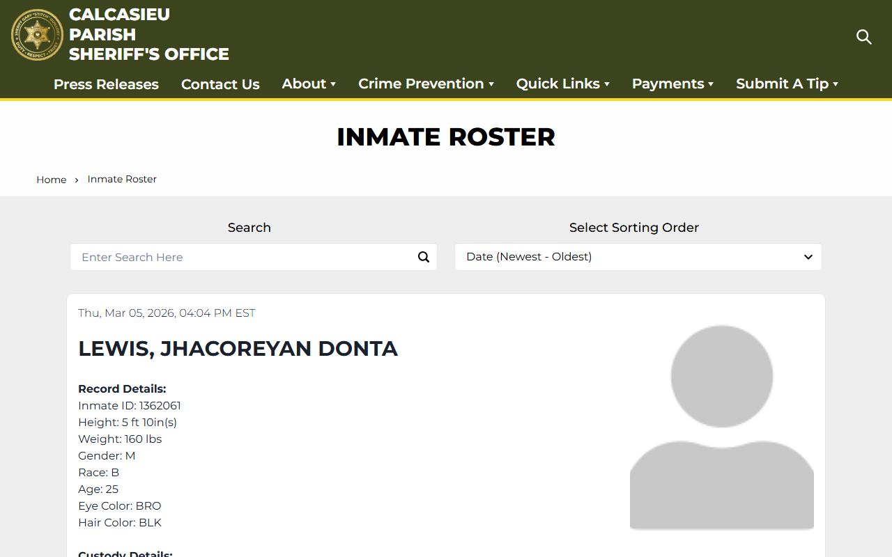 Calcasieu Parish inmate roster for 24 hour booking search