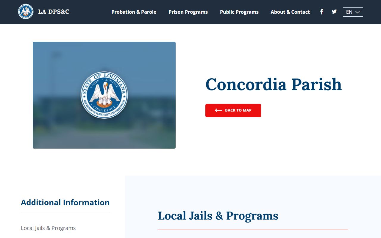 Concordia Parish corrections location page for booking record searches