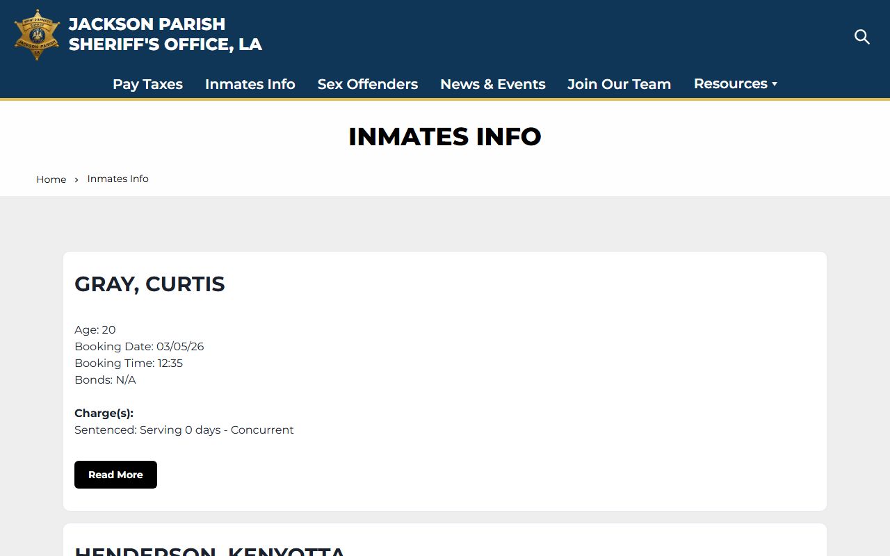 Jackson Parish 24 hour booking inmates page