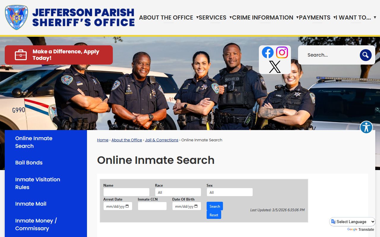 Jefferson Parish 24 hour booking online inmate search tool