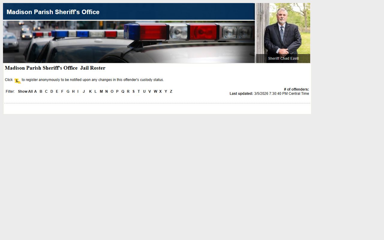 Madison Parish LAVNS victim notification roster for 24 hour booking searches