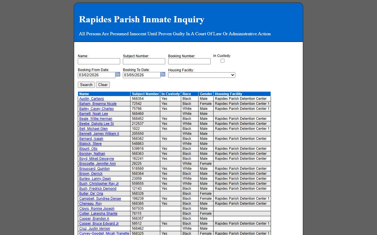 Rapides Parish 24 hour booking inmate inquiry system