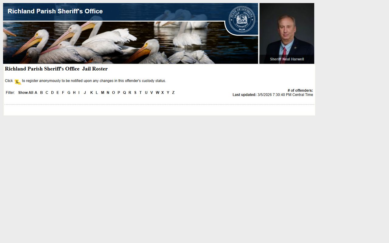 Richland Parish LAVNS inmate notification system for 24 hour booking