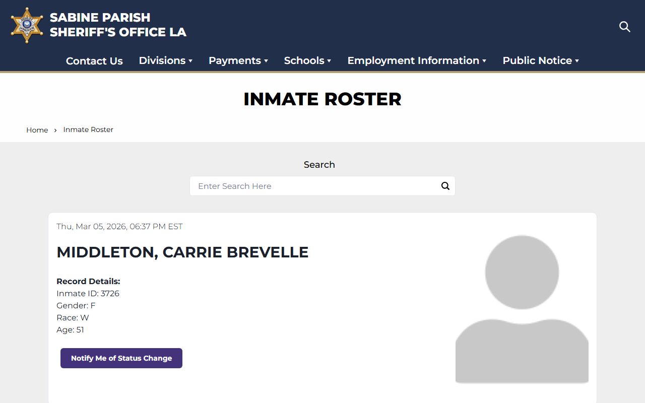 Sabine Parish inmate roster page for 24 hour booking lookup