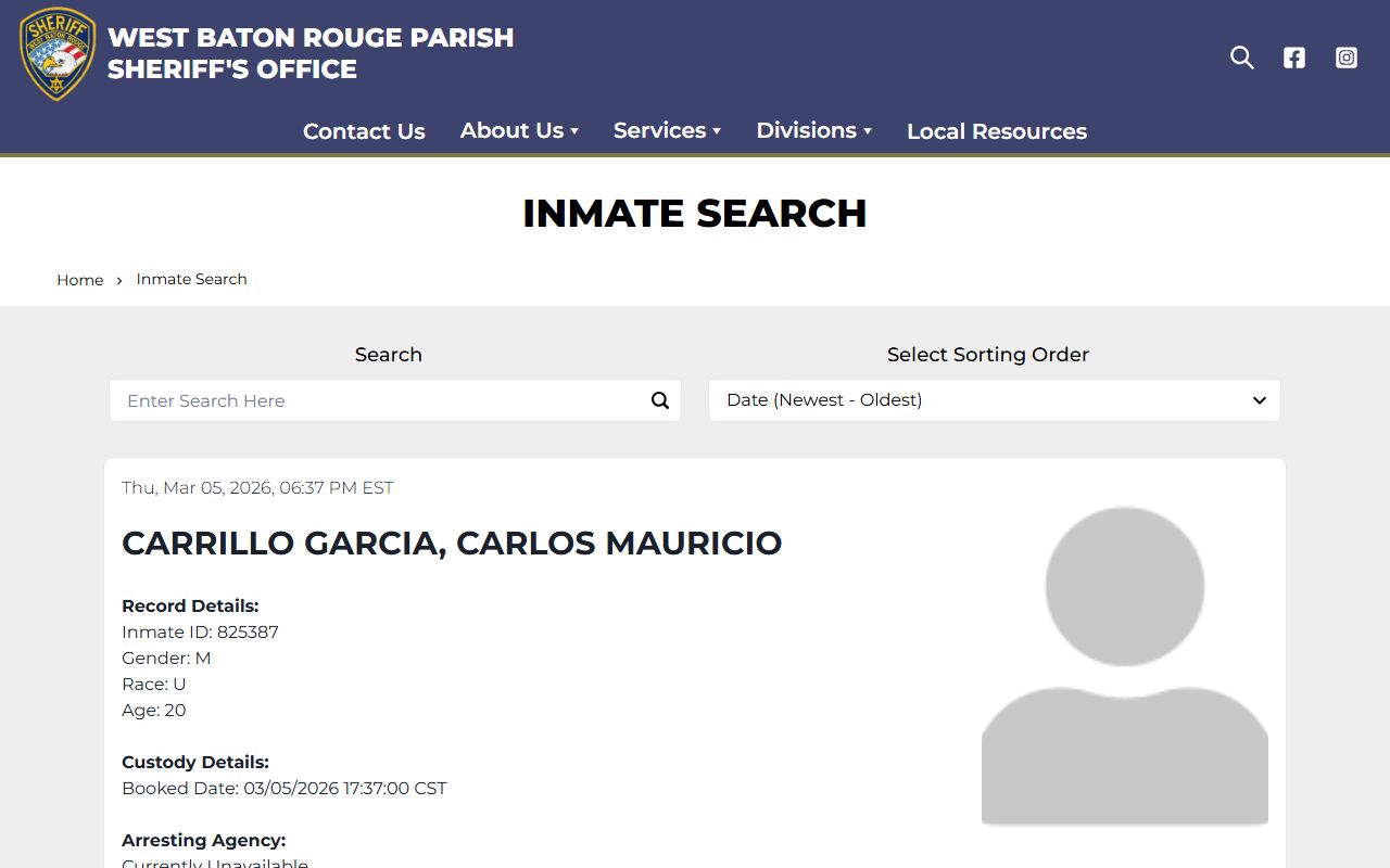 West Baton Rouge Parish 24 hour booking inmate search tool